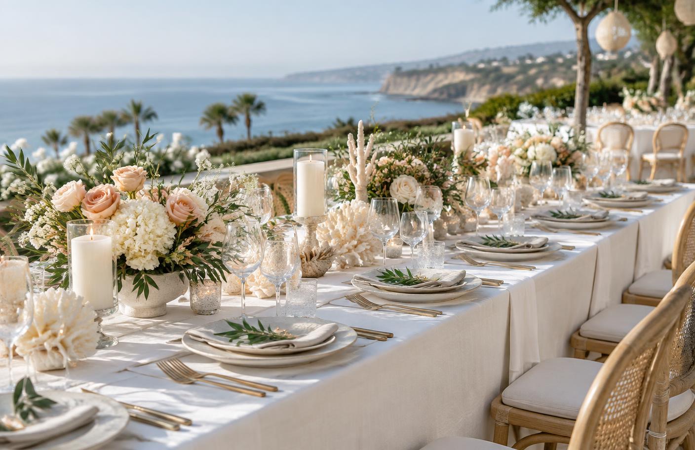A modern coastal wedding table arranged for guests