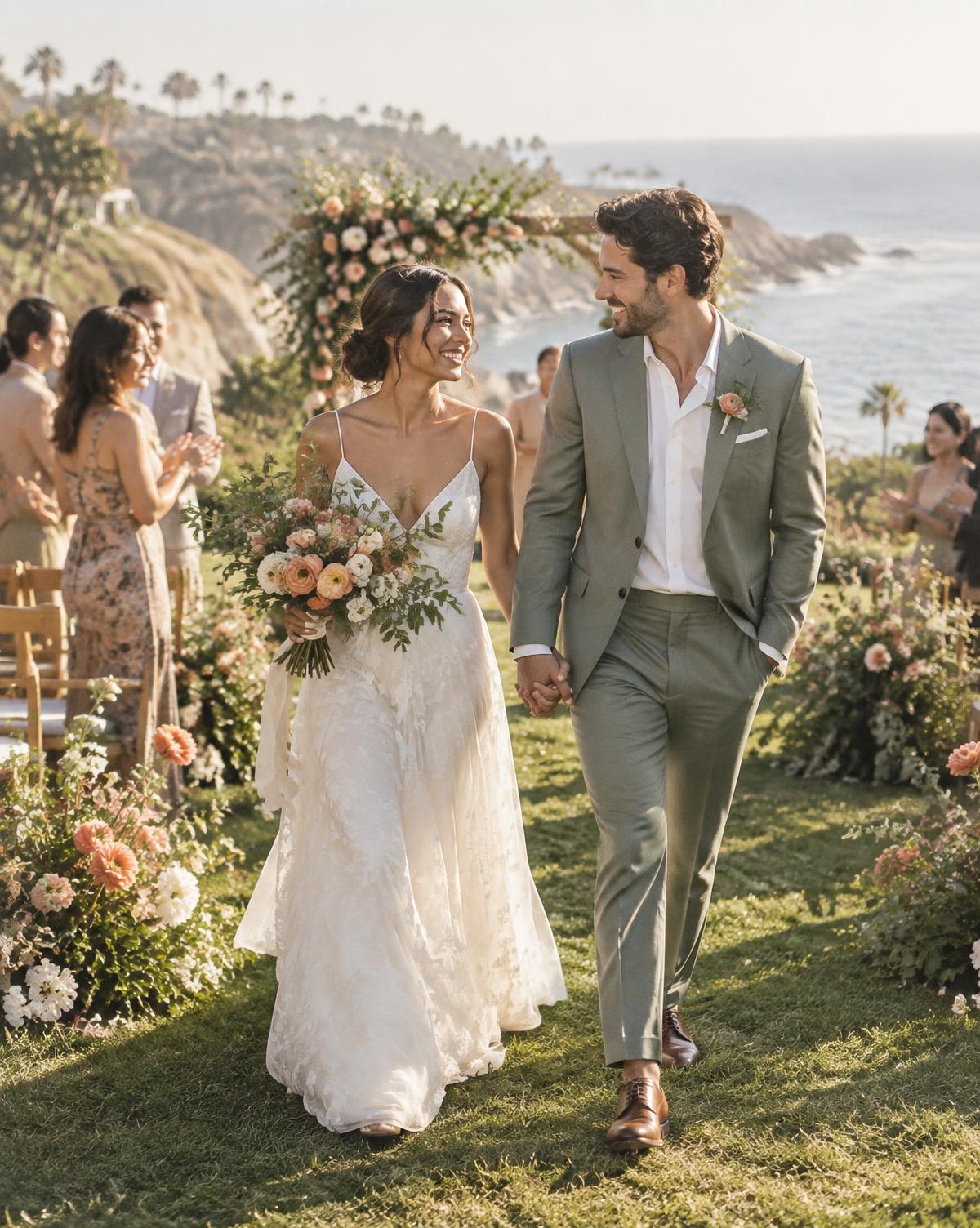 A newlywed couple walking together at a coastal celebration
